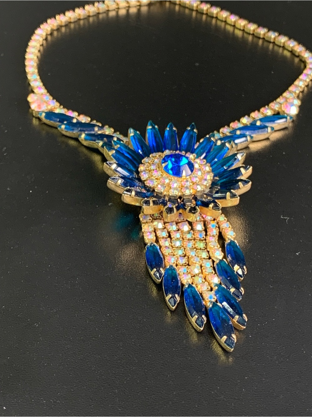 RARE - Vintage Juliana DeLizza & Elster Blue Rhinestone Sunflower Waterfall Neck